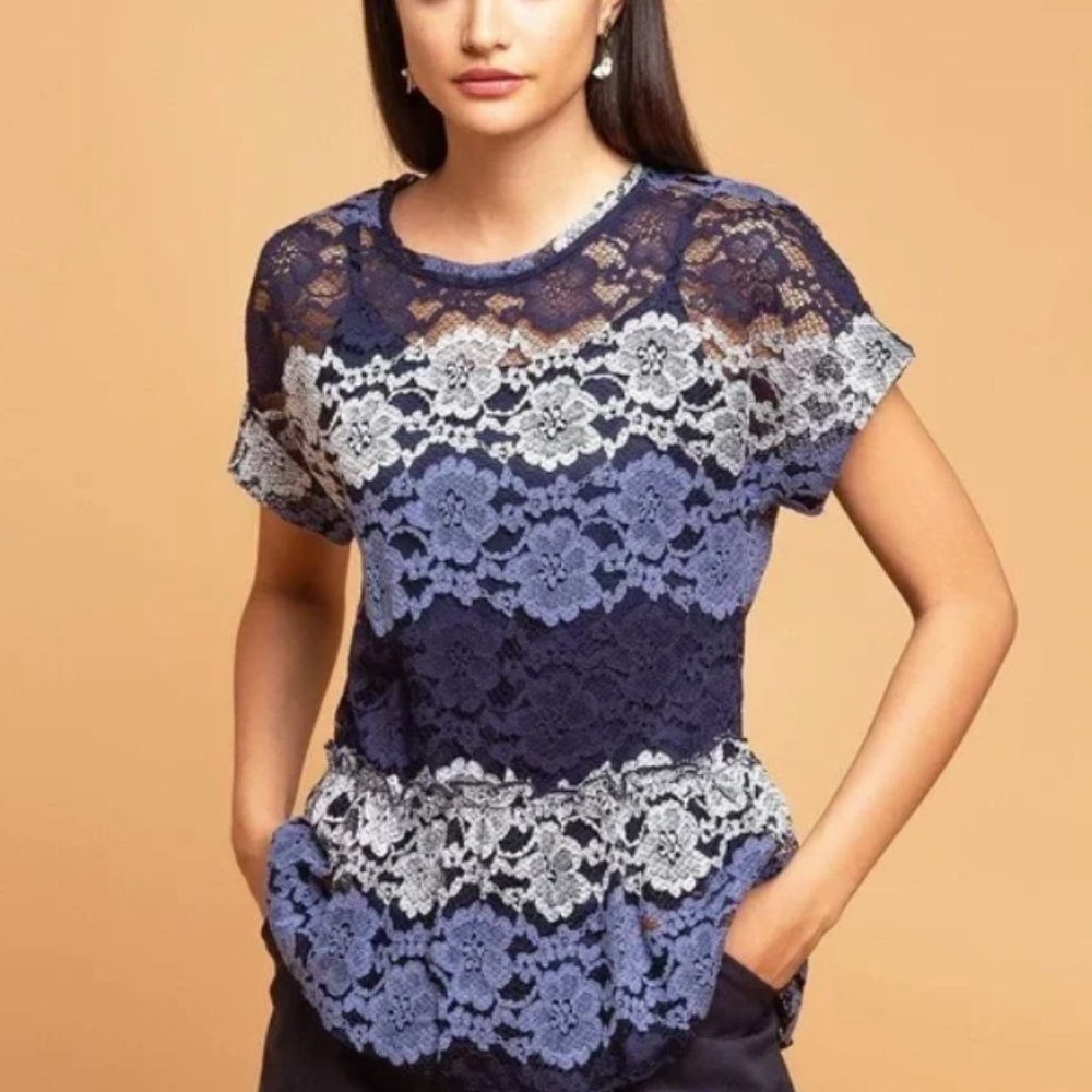 Anthropologie Eva Franco Blue Lace Peplum Top